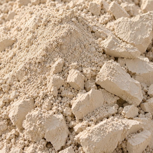 Illustrative close-up of beige bentonite clay and mineral fragments